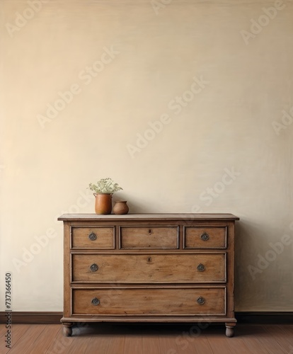 A wooden dresser with a potted plant sitting atop, adding a touch of nature to the room decor.