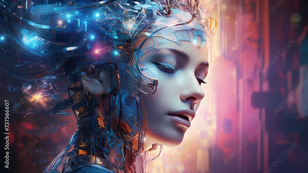 Retrato futurista de robô feminino com circuitos e luzes