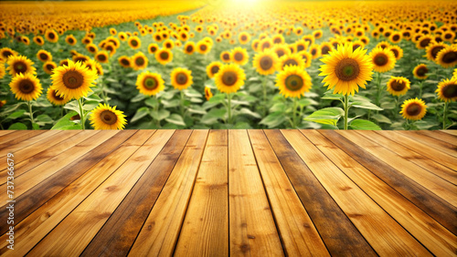 Wooden table top and sunflower field. Created with generative AI