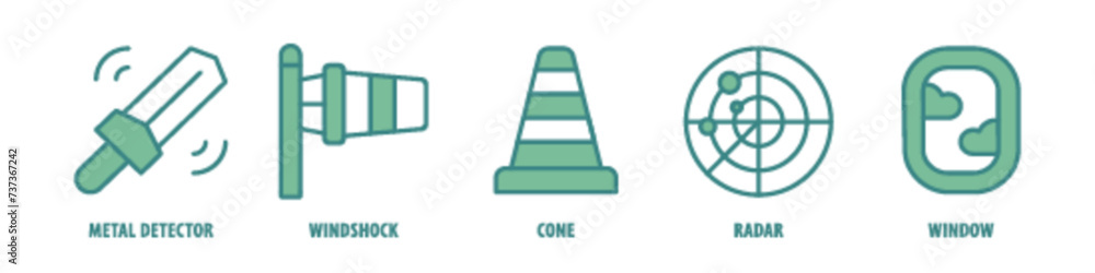 Window, Radarcone, Windshock, Metal Detector editable stroke outline icons set isolated on white background flat vector illustration. Window, Radarcone, Windshock, Metal Detector editable stroke outline icons set isolated on white background flat vector illustration.