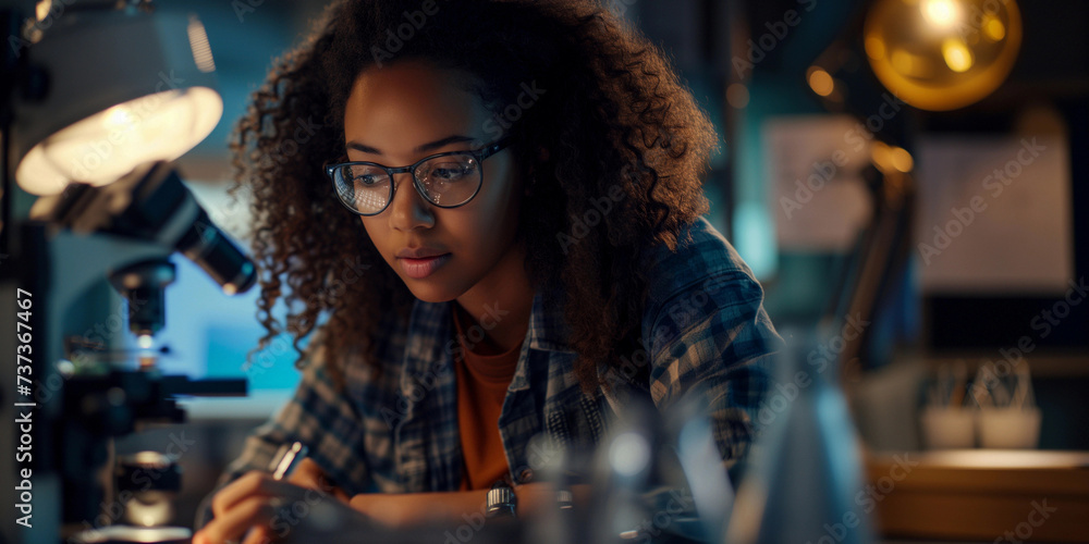 Naklejka premium Portrait of a young female scientist working in a laboratory with a microscope. Research, innovations, education in science for women. Girls in STEM concept. Banner with copyspace. 