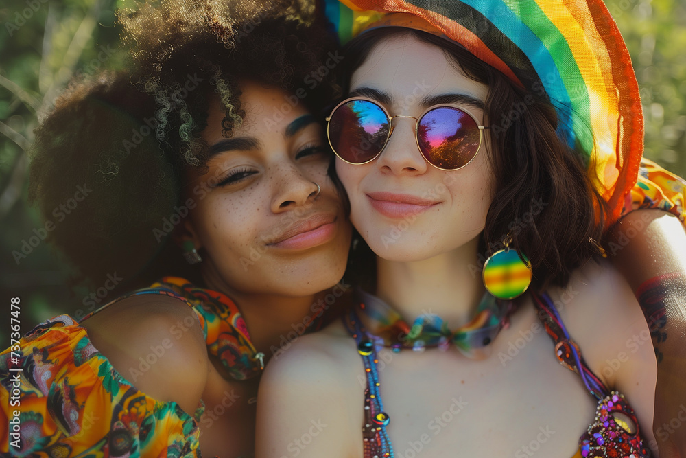Two LGTBQ friends in colorful outfits from different ethnicities outdoors