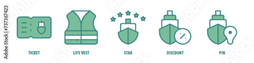 Pin, Discount, Star, Life vest, Ticket editable stroke outline icons set isolated on white background flat vector illustration.