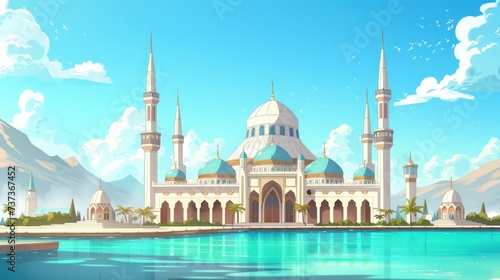 An animated image showing a mosque with multiple minarets and a dome, reflecting on a clear body of water in a serene environment