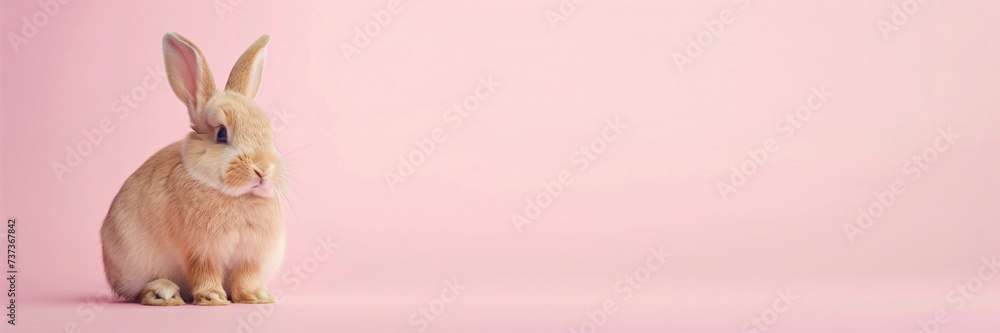 Fototapeta premium A banner with a picture of a cute rabbit. Pink background. Copy space.