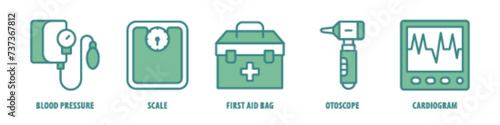 Cardiogram, Otoscope, First Aid Bag, Scale, Blood Pressure editable stroke outline icons set isolated on white background flat vector illustration.