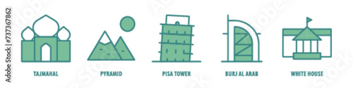 White house, Burj al arab, Pisa Tower, Pyramid, Tajmahal editable stroke outline icons set isolated on white background flat vector illustration.