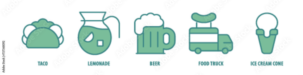 Ice Cream cone, Food Truck, Beer, Lemonade, Taco editable stroke outline icons set isolated on white background flat vector illustration. Ice Cream cone, Food Truck, Beer, Lemonade, Taco editable stroke outline icons set isolated on white background flat vector illustration.