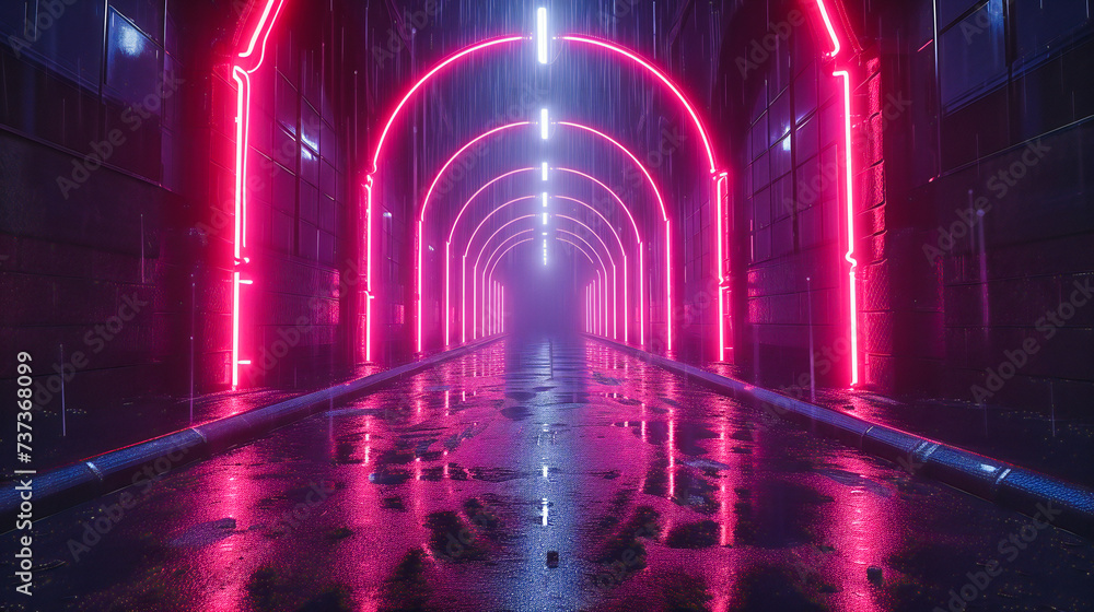 Neon Glow in Futuristic Tunnel, Vibrant Abstract Corridor, Modern Design and Technology Concept