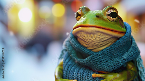 A pensive frog in a warm scarf against a background of blurry lights. Symbol of day in a leap year is February 29  celebrating the frog jump event