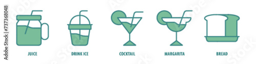 Bread, Margarita, Cocktail, Drink ice, Juice editable stroke outline icons set isolated on white background flat vector illustration.