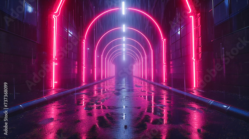 Neon Glow in Futuristic Tunnel, Vibrant Abstract Corridor, Modern Design and Technology Concept
