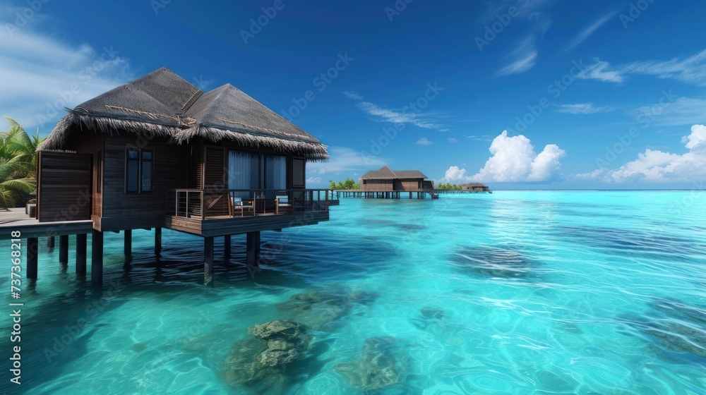 a couple of huts sitting on top of a body of water next to a shore covered in grass and palm trees.