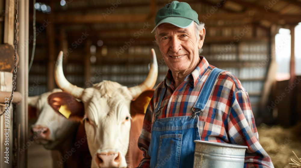 smiling elderly farmer in a plaid shirt and denim overalls is holding a metal milk pail, standing next to a cow with long horns inside a barn.