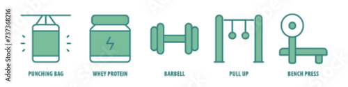 Bench press, Pull Up, Barbell, Whey Protein, Punching Bag editable stroke outline icons set isolated on white background flat vector illustration.