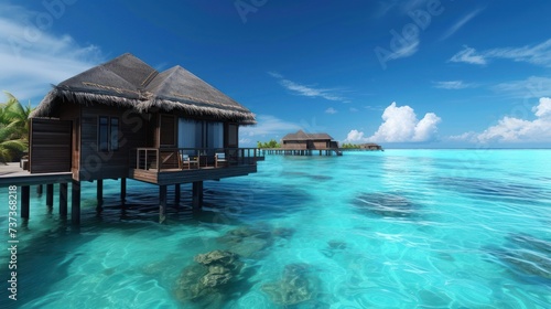 a couple of huts sitting on top of a body of water next to a shore covered in grass and palm trees.