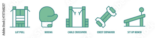 Sit-up Bench, Chest Expander, Cable crossover, Boxing, Lat Pull editable stroke outline icons set isolated on white background flat vector illustration.