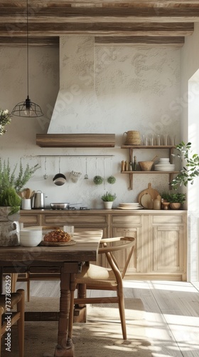Summer Nordic Style Interior - Summer Nordic Kitchen Backdrop - Beautiful Bright Kitchen Indoor Background - Summer Nordic Kitchen Design created with Generative AI Technology