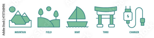 Charger, Torii, Boat, Field, Mountain editable stroke outline icons set isolated on white background flat vector illustration.