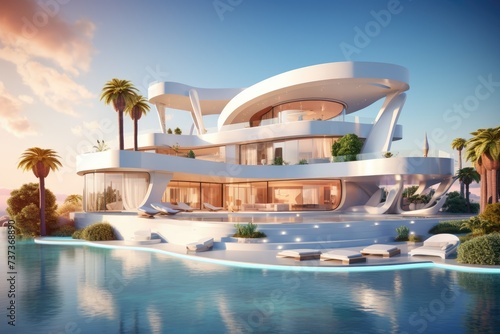 A photo of a spacious white building with a pool in front  creating a visually striking scene.