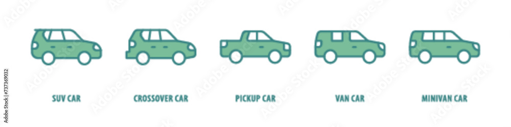 Minivan car, Van car, Pickup car, Crossover car, SUV car editable stroke outline icons set isolated on white background flat vector illustration.
