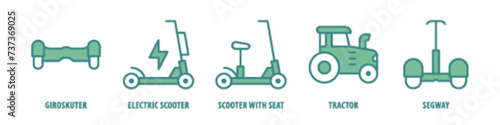 Segway, Tractor, Scooter with seat, Electric scooter, Giroskuter editable stroke outline icons set isolated on white background flat vector illustration.