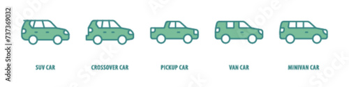 Minivan car, Van car, Pickup car, Crossover car, SUV car editable stroke outline icons set isolated on white background flat vector illustration.