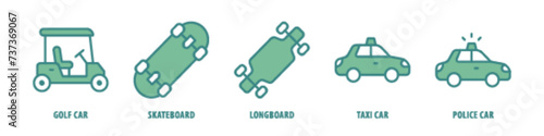 Police car, Taxi car, Longboard, Skateboard, Golf Car editable stroke outline icons set isolated on white background flat vector illustration.