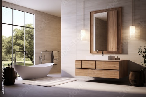 A contemporary bathroom featuring a bathtub  sink  and mirror as the main elements.