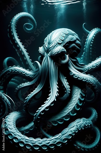 Giant octopus, fairy tale kraken in black water in the depths of the ocean.