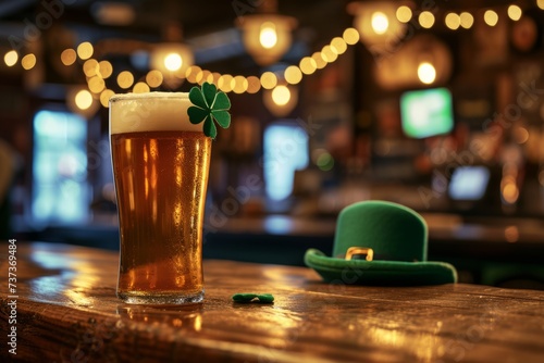 Glass of delicious beer on bar counter with green leprechaun hat, st. patrick's day celebration 