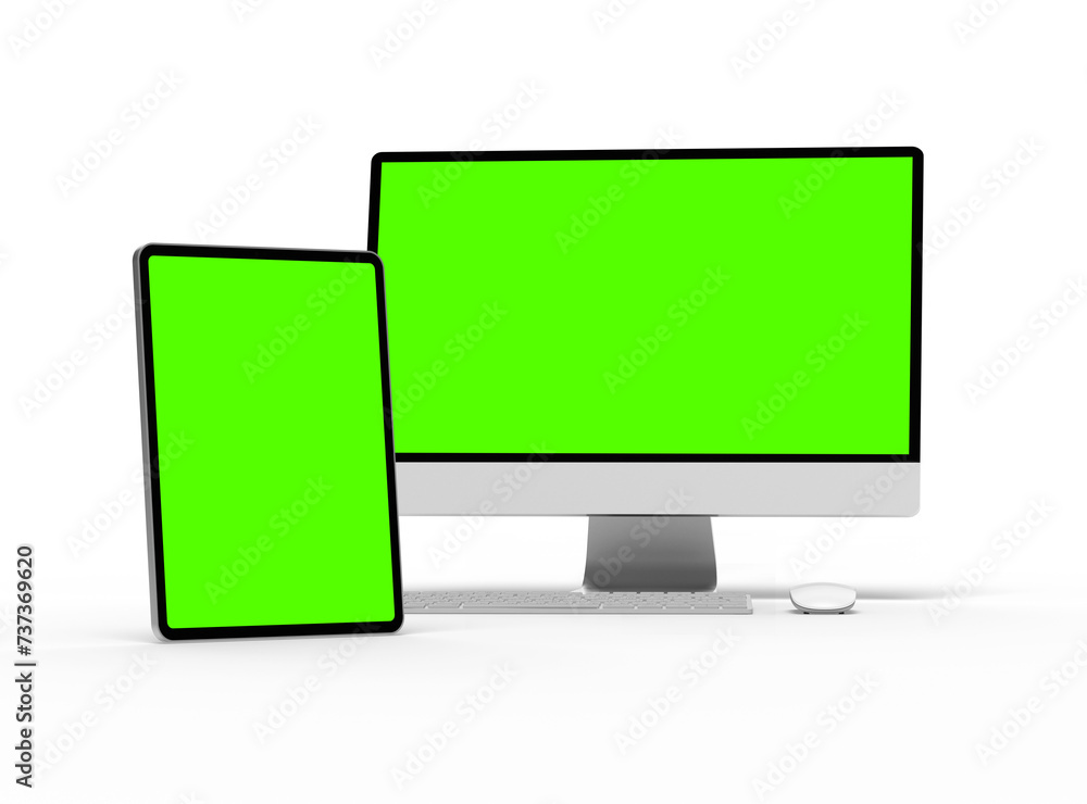 3D Render of desktop and tablet with green screens on a transparent background.
