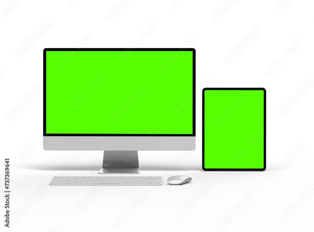 3D Render of desktop and tablet with green screens on a transparent background. 3D Render of desktop and tablet with green screens on a transparent background.