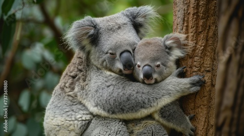 a baby koala cuddles on the back of an adult koala in a tree in a forest.