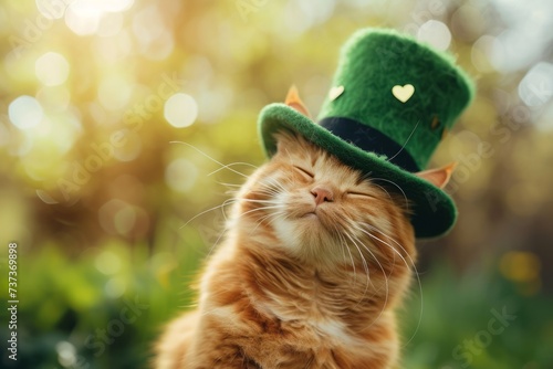 Close up portrait of a ginger cat wearing a green leprechaun hat in a St. Patrick's Day costume, banner with copyspace	
 photo
