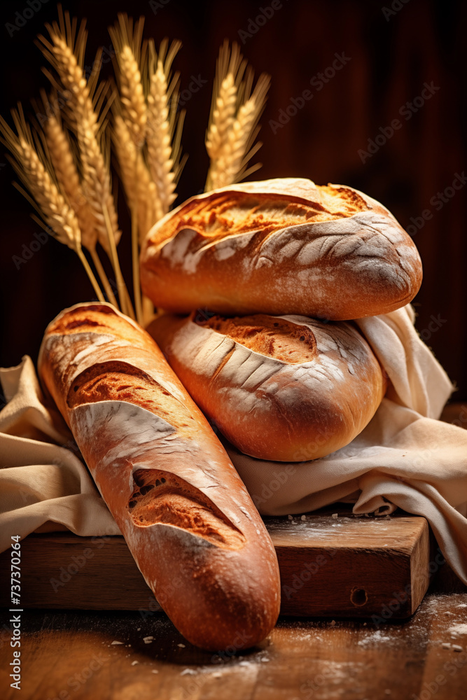 Fresh homemade bread, baguettes, bakery background. Baking
