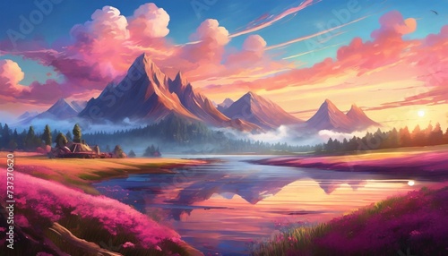 Oil painting of mountains, river or lake, pink blooming nature. Beautiful natural landscape.