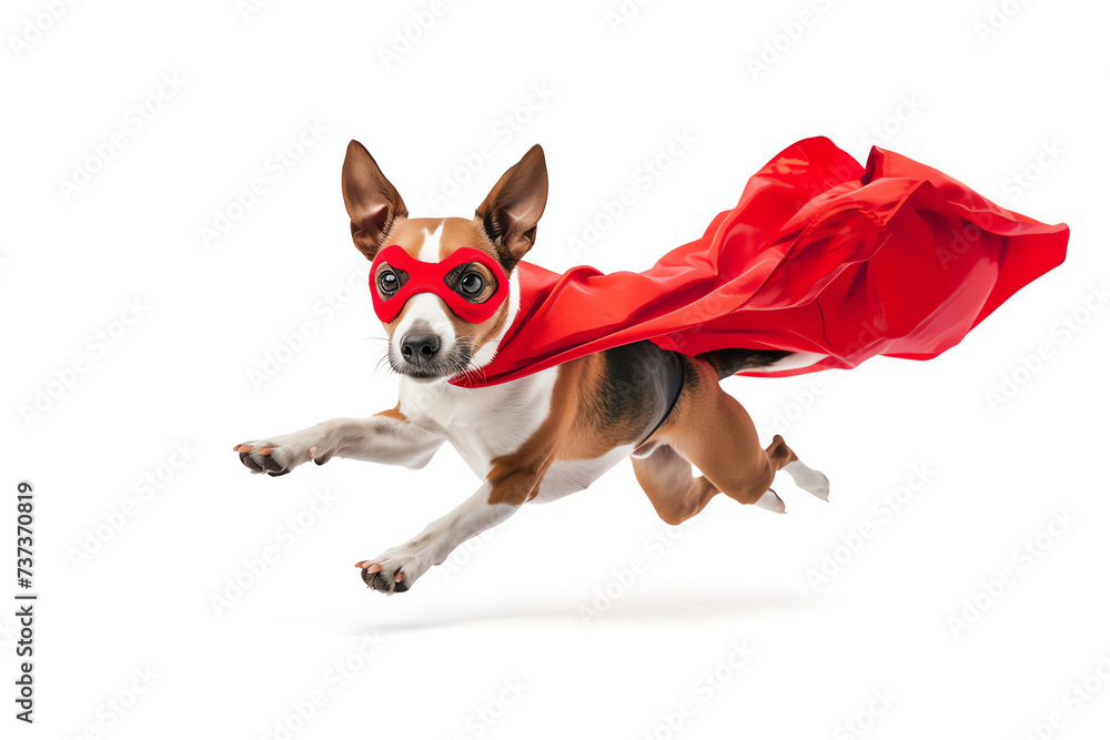 Fotografie superdog with red cape on white, AI generated