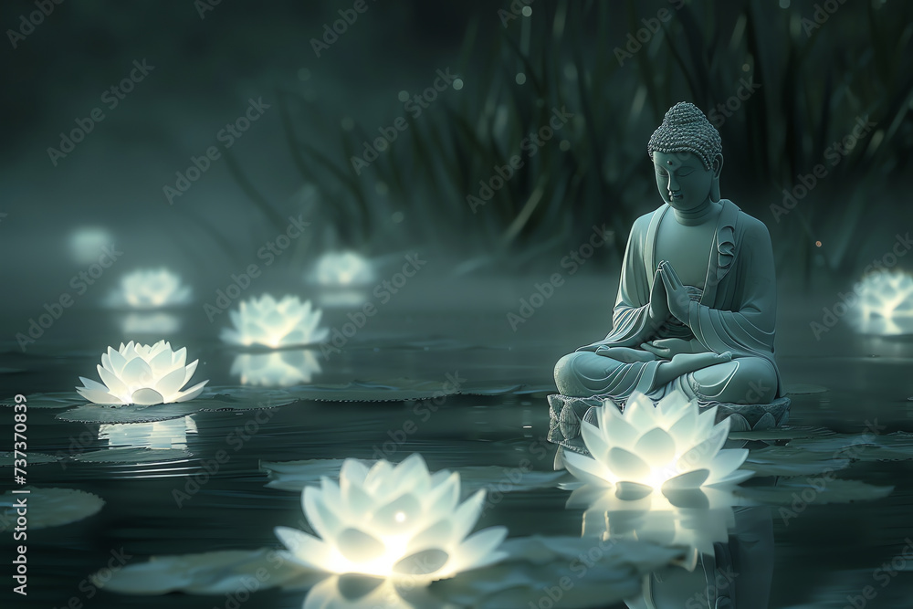 Buddha statue on a bassin, AI generated