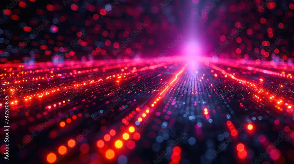A mesmerizing display of vibrant laser lights in shades of red and pink, creating a colorful and ethereal atmosphere reminiscent of a magenta lens flare against the backdrop of a dark and enchanting 