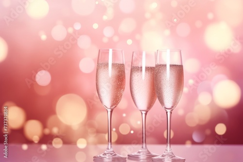Close up three glasses of champagne with bubbles stand against a background of blurry cool bokeh with copy space. Concept for New Year celebration, Valentine's day, romantic date, wedding anniversary