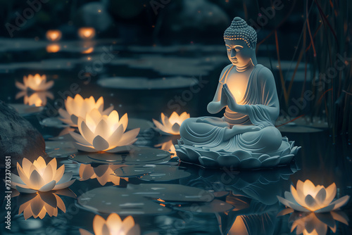 Buddha statue on a bassin in a garden, AI generated photo
