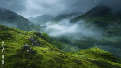 Highland Whispers: Misty Fog Blanketing Scotland's Serene Hills