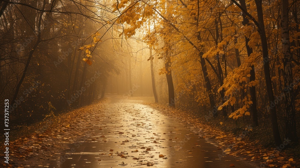 a wet road in the middle of a forest with and trees with yellow.