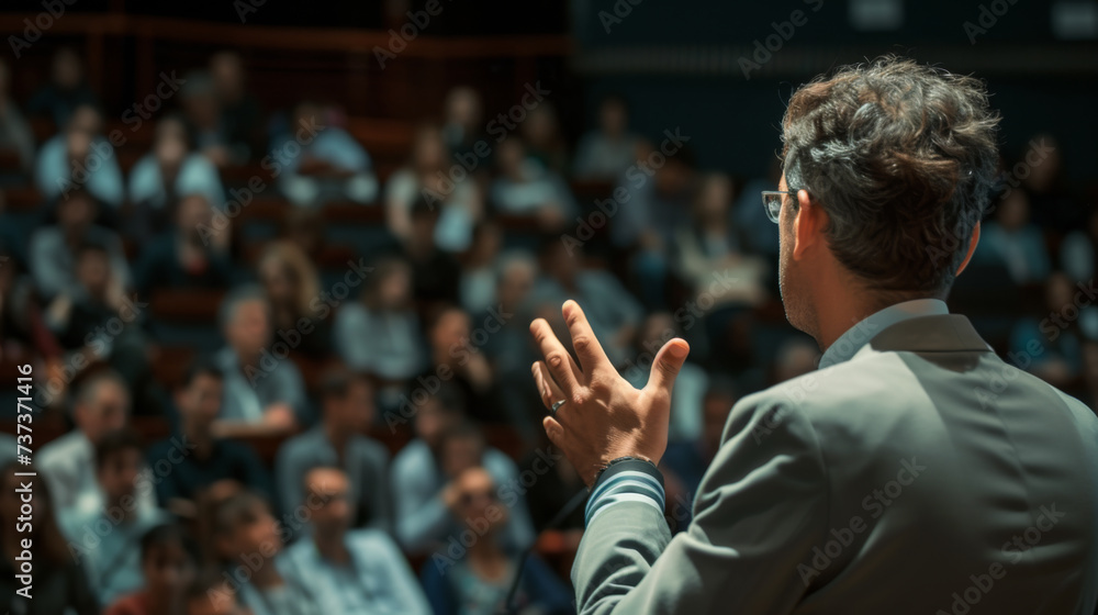 Φωτογραφία male speaker is presenting to an audience, seen from behind with a spotlight illuminating him and the crowd in the background blurred out