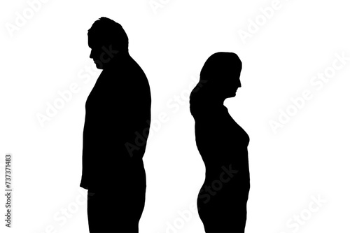 Silhouette of sad man and woman in a quarrel, isolated on a white background. Divorce of husband and wife in the evening light of the home living room