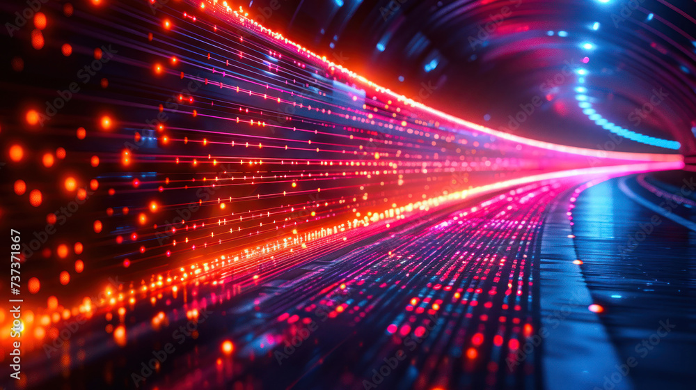 A vibrant night scene, filled with neon lights and laser beams, showcases a stunning contrast of red and blue hues A vibrant night scene, filled with neon lights and laser beams, showcases a stunning contrast of red and blue hues