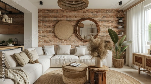 a living room with a large white couch and mirror on a brick wall above coffee table. photo