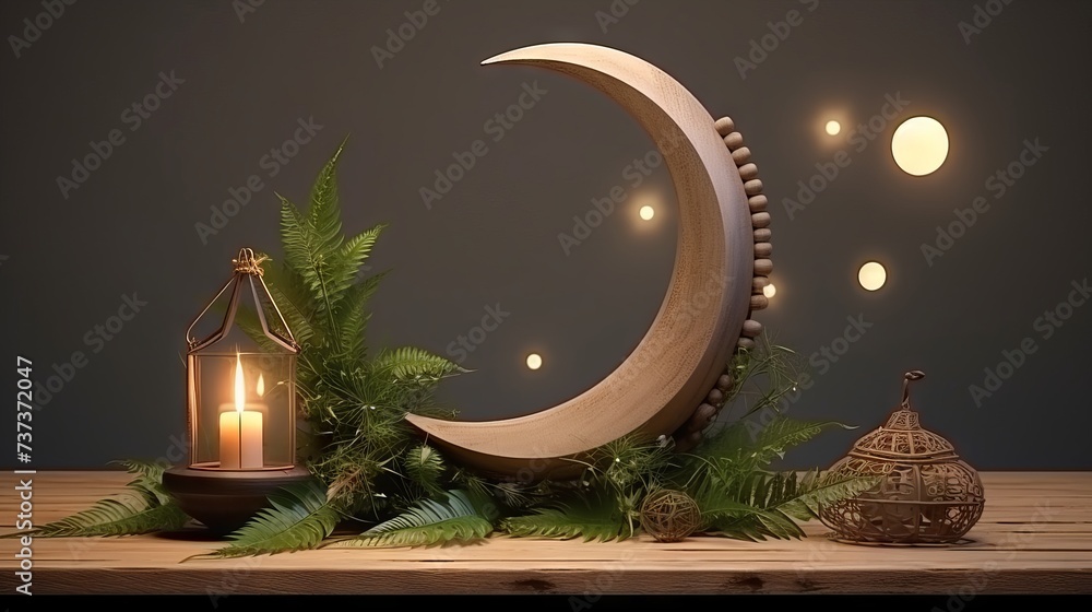 Fototapeta premium Illuminated crescent moon, garland, candle, lantern, and plant pot adorning spacious desk - ideal for islamic festival themes