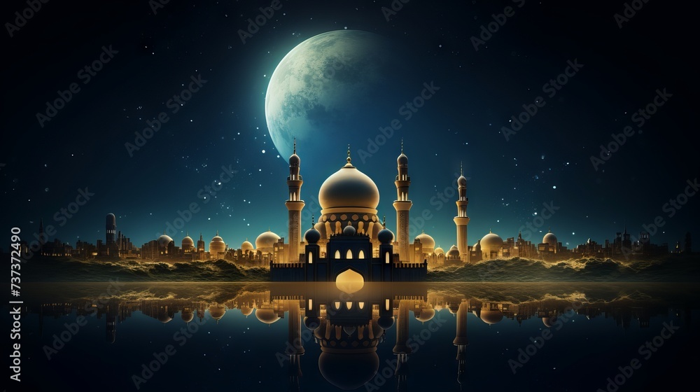 Radiant ramadan: gleaming crescent moon and intricately carved mosque against night sky

